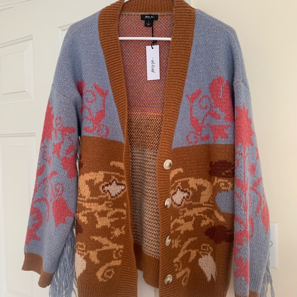 Nasty Gal Floral Fringe Knit Cardigan